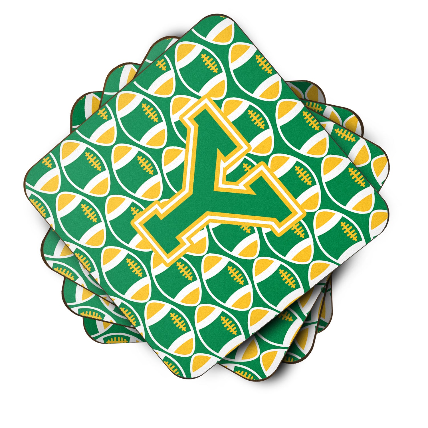 Letter Y Football Green and Gold Foam Coaster Set of 4 CJ1069-YFC - the-store.com