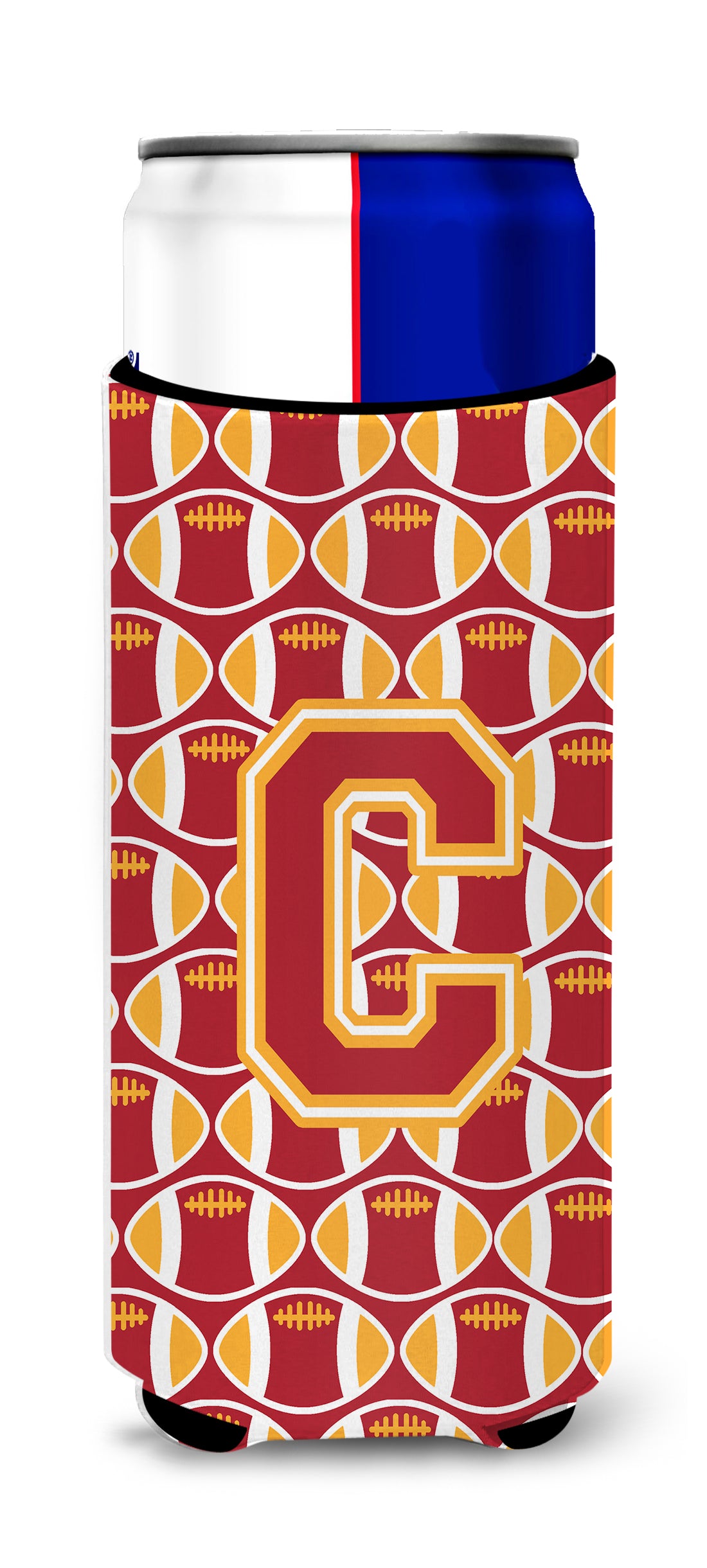 Letter C Football Cardinal and Gold Ultra Beverage Insulators for slim cans CJ1070-CMUK.