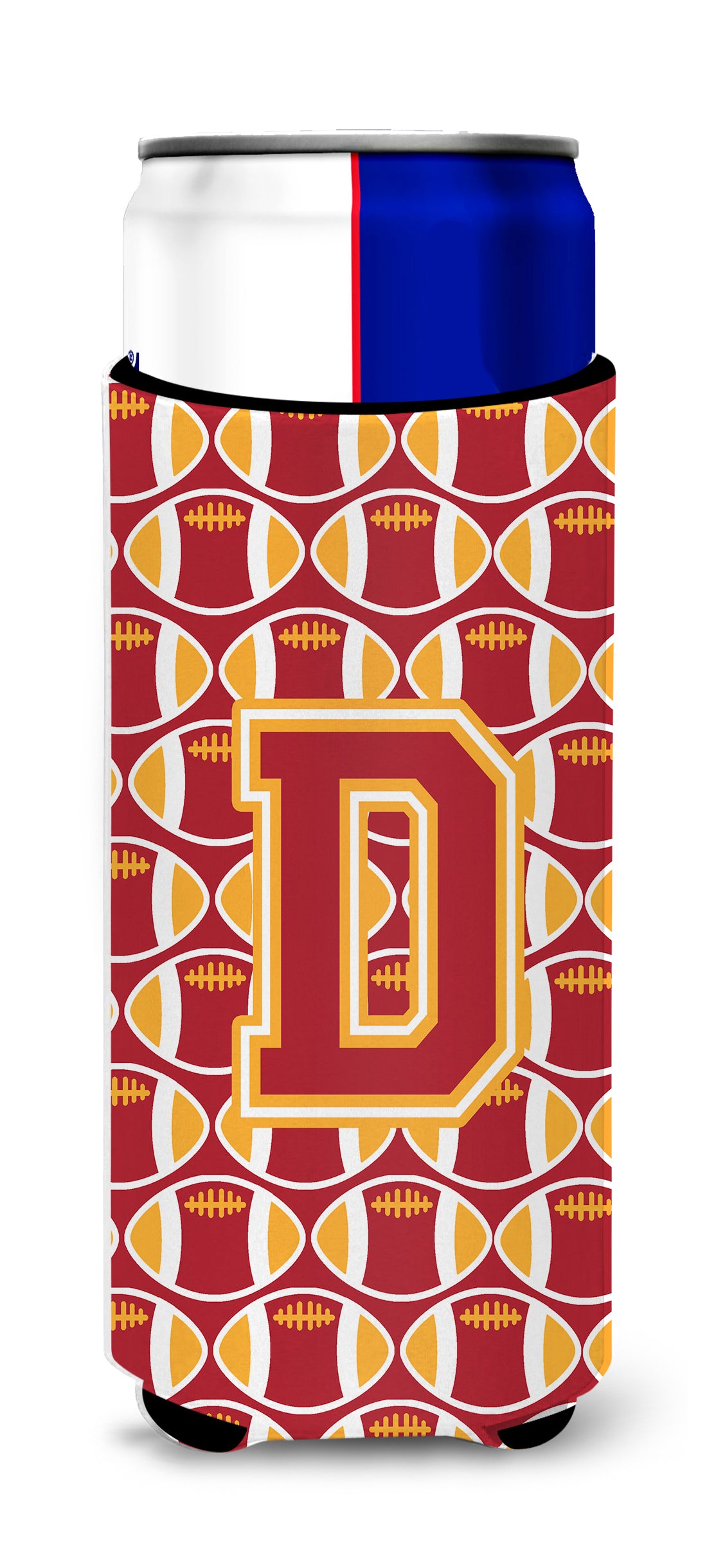 Letter D Football Cardinal and Gold Ultra Beverage Insulators for slim cans CJ1070-DMUK.