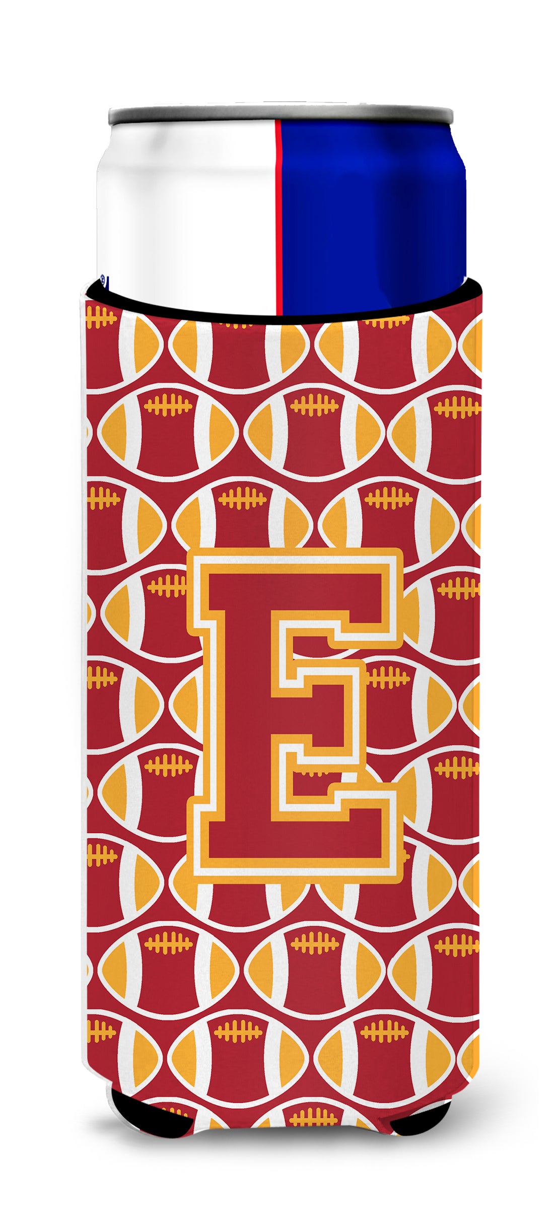 Letter E Football Cardinal and Gold Ultra Beverage Insulators for slim cans CJ1070-EMUK.