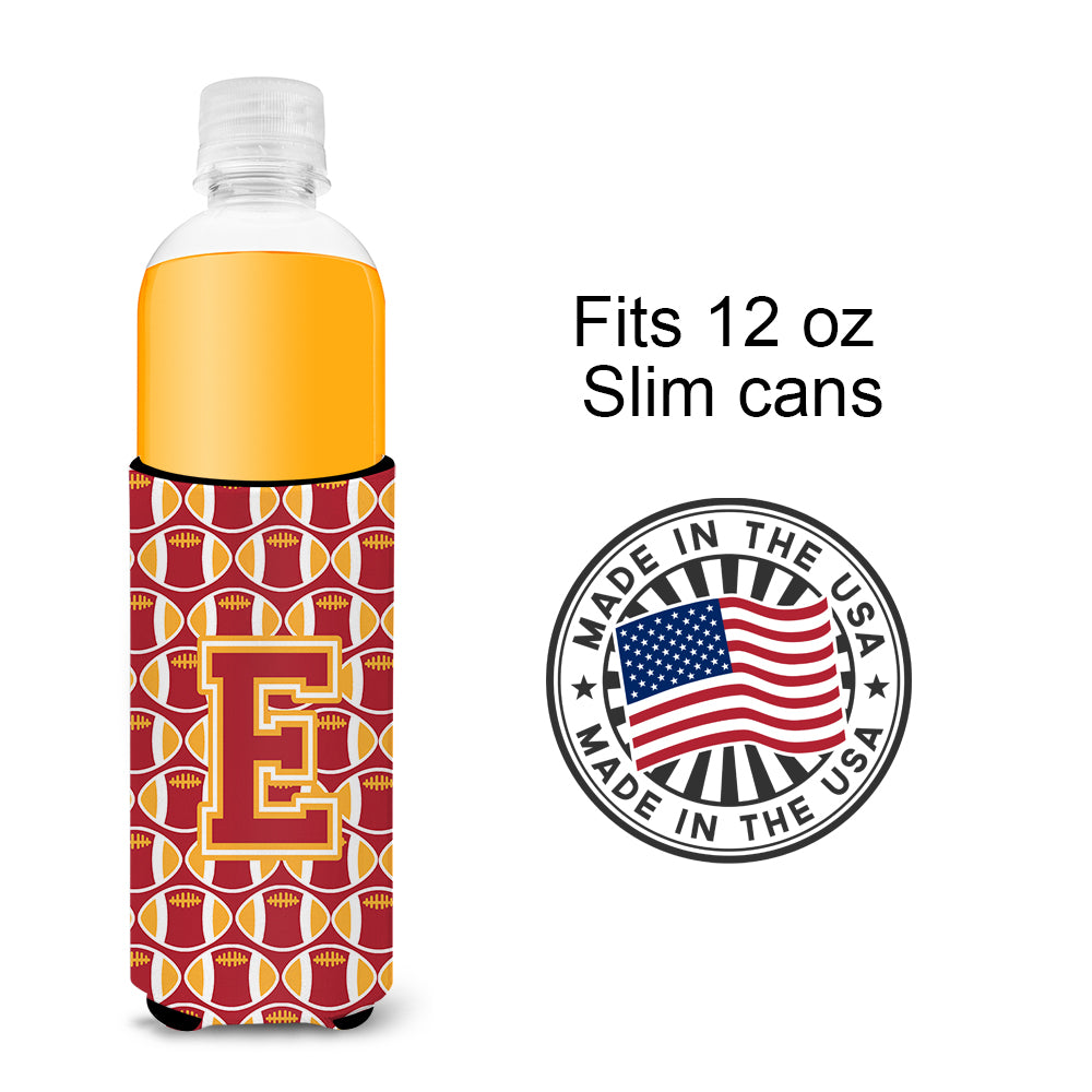 Letter E Football Cardinal and Gold Ultra Beverage Insulators for slim cans CJ1070-EMUK.