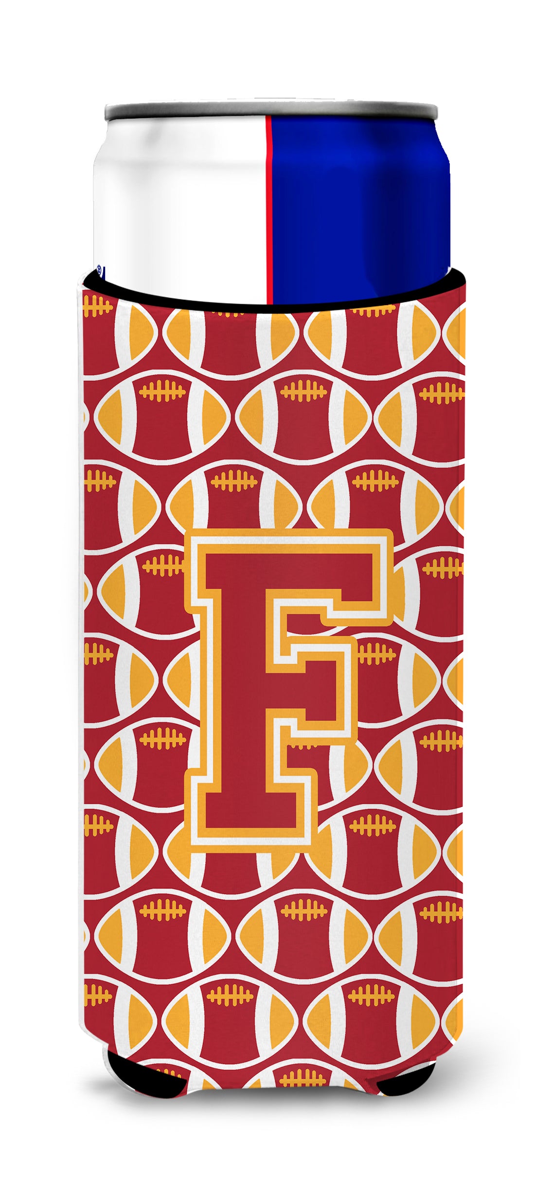 Letter F Football Cardinal and Gold Ultra Beverage Insulators for slim cans CJ1070-FMUK.