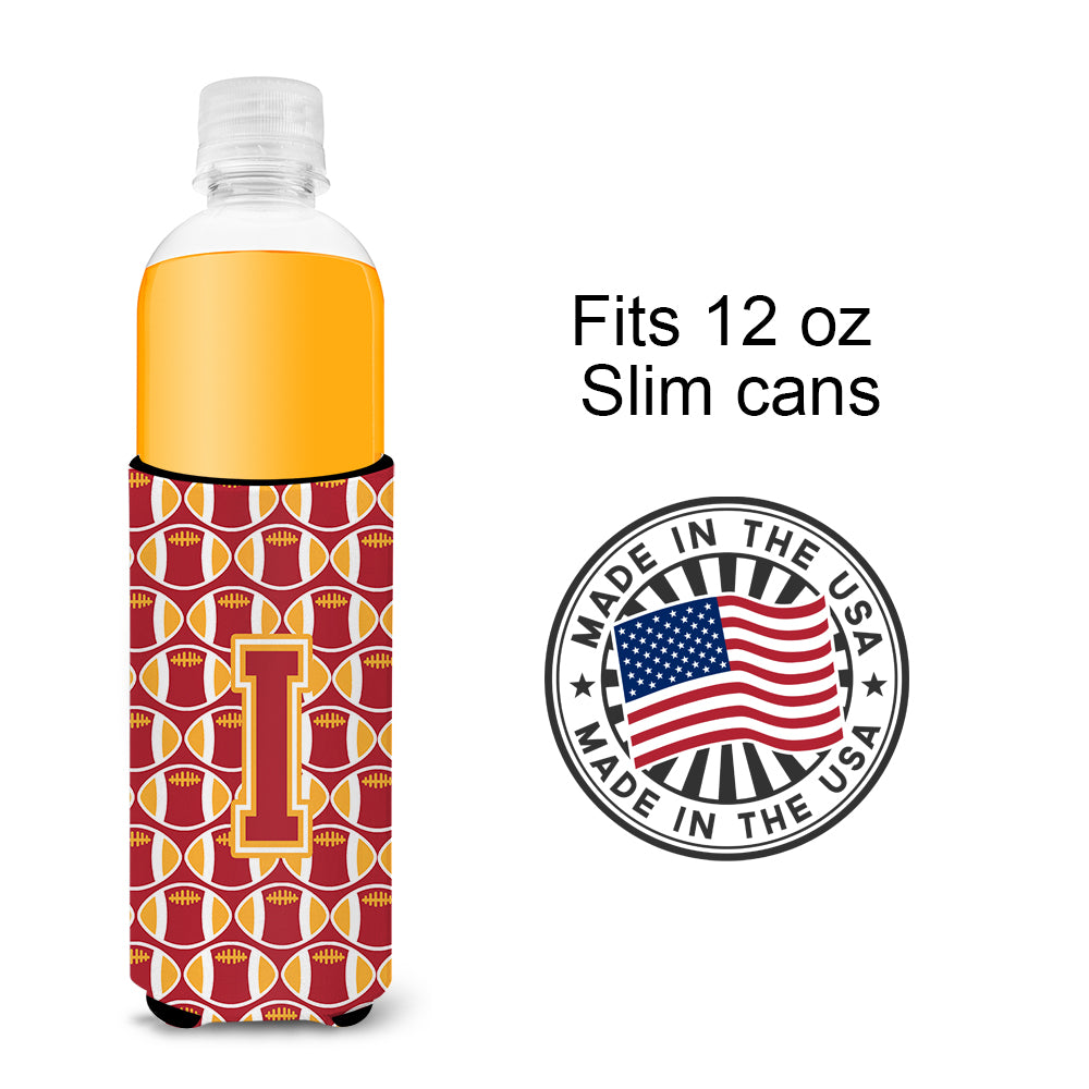 Letter I Football Cardinal and Gold Ultra Beverage Insulators for slim cans CJ1070-IMUK.