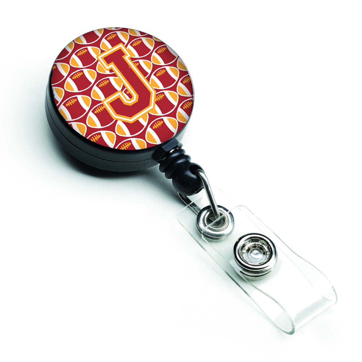 Letter J Football Cardinal and Gold Retractable Badge Reel CJ1070-JBR