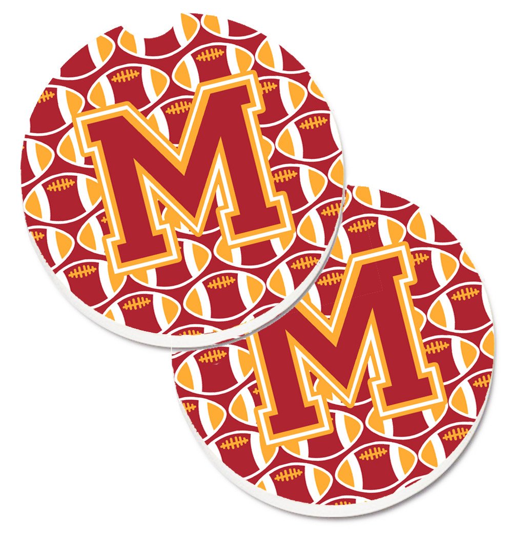Letter M Football Cardinal and Gold Set of 2 Cup Holder Car Coasters CJ1070-MCARC by Caroline&#39;s Treasures