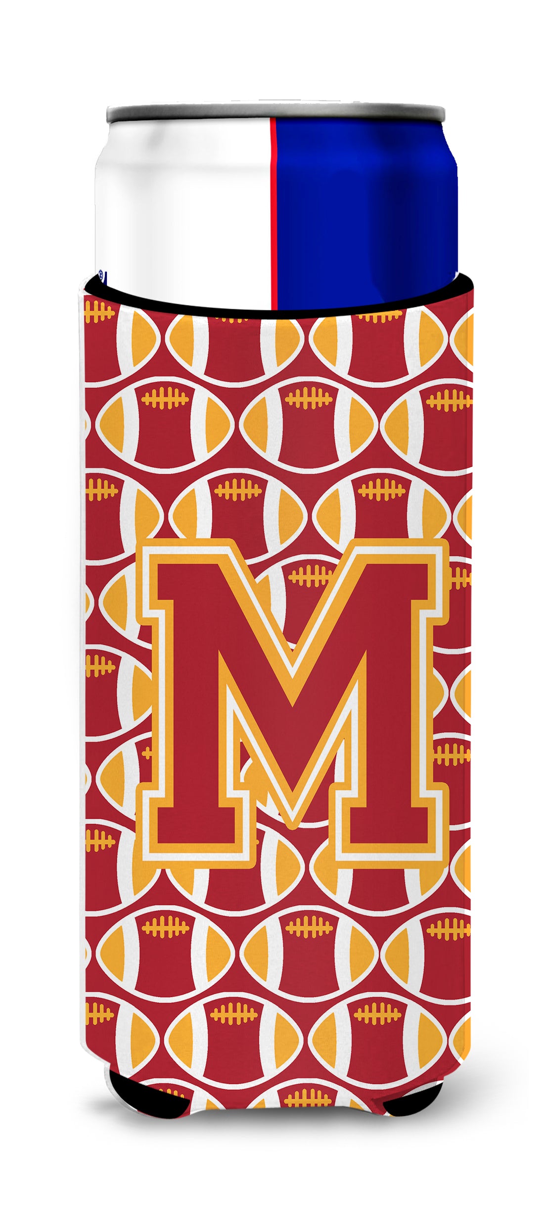 Letter M Football Cardinal and Gold Ultra Beverage Insulators for slim cans CJ1070-MMUK.