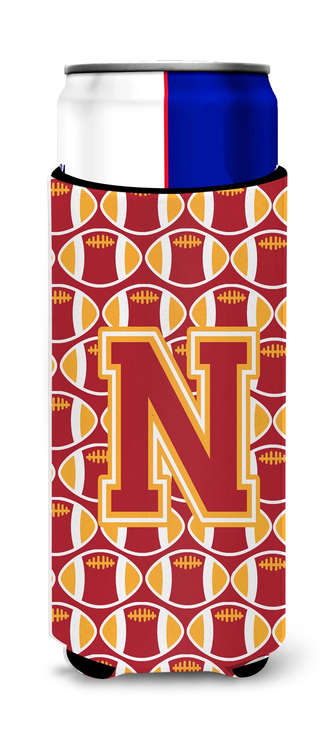 Letter N Football Cardinal and Gold Ultra Beverage Insulators for slim cans CJ1070-NMUK.
