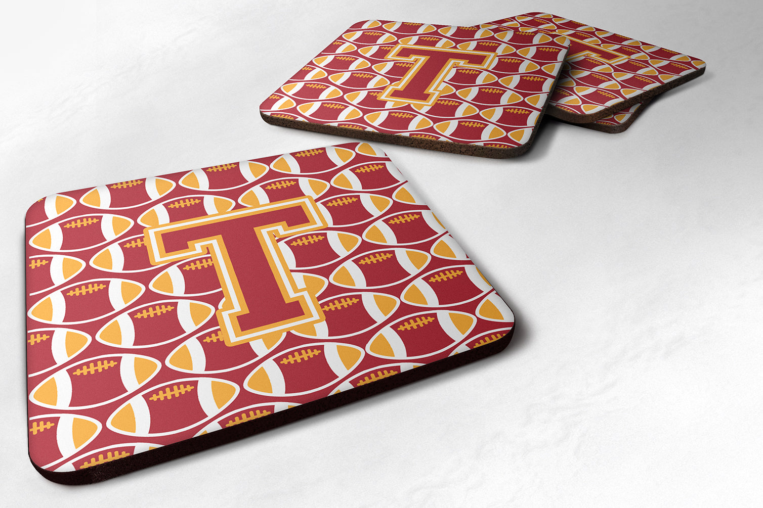 Letter T Football Cardinal and Gold Foam Coaster Set of 4 CJ1070-TFC - the-store.com
