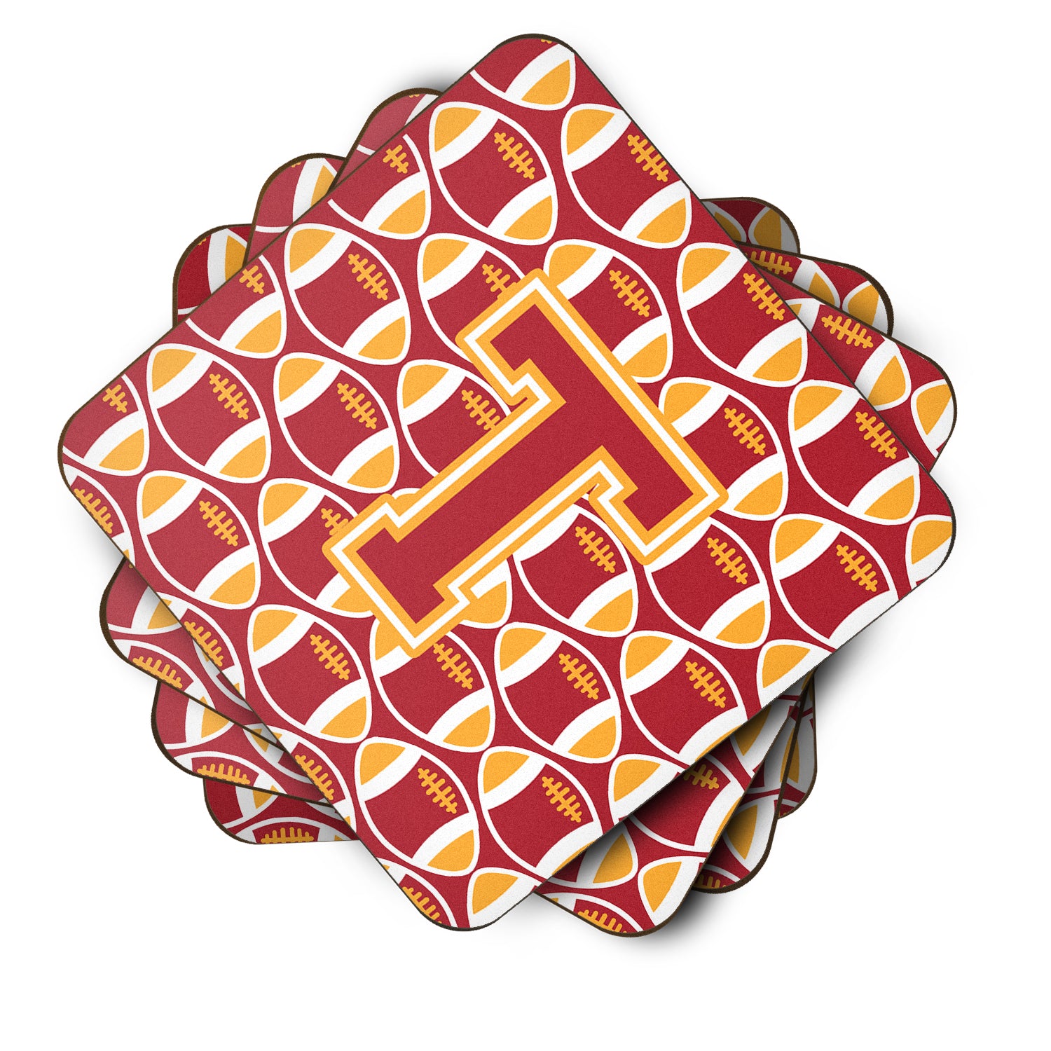 Letter T Football Cardinal and Gold Foam Coaster Set of 4 CJ1070-TFC - the-store.com
