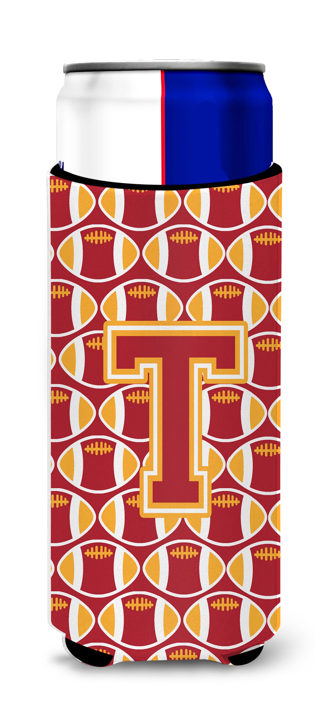 Letter T Football Cardinal and Gold Ultra Beverage Insulators for slim cans CJ1070-TMUK.