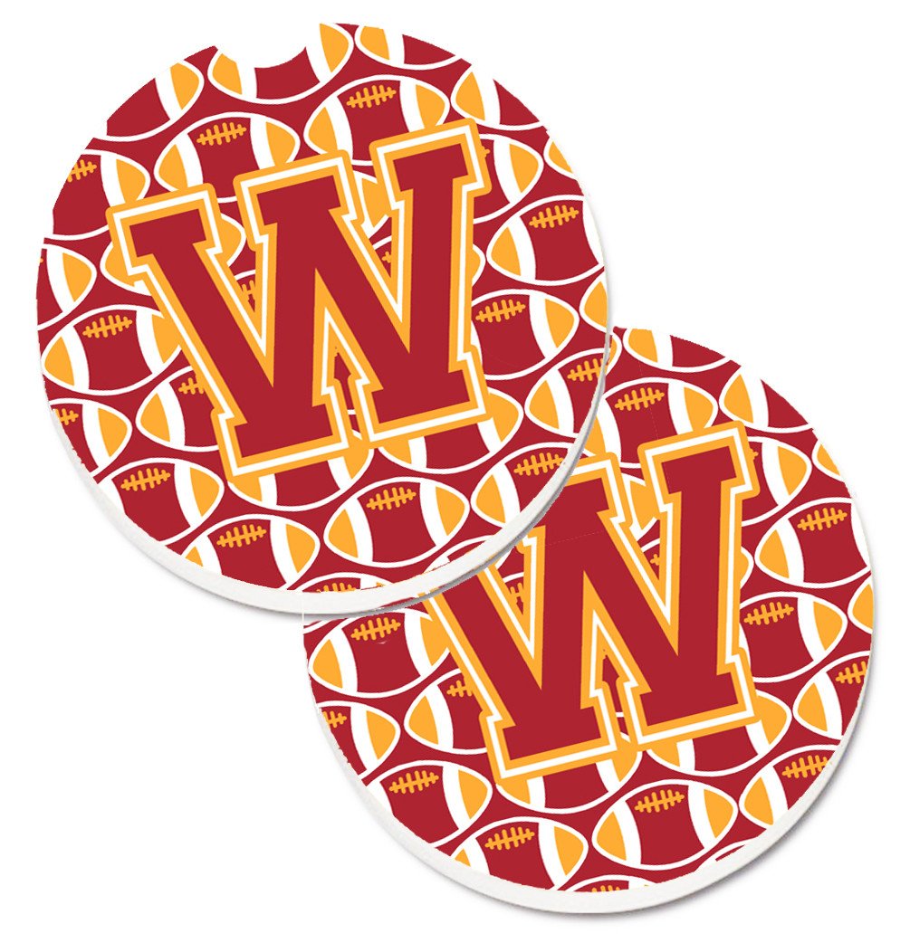 Letter W Football Cardinal and Gold Set of 2 Cup Holder Car Coasters CJ1070-WCARC by Caroline&#39;s Treasures