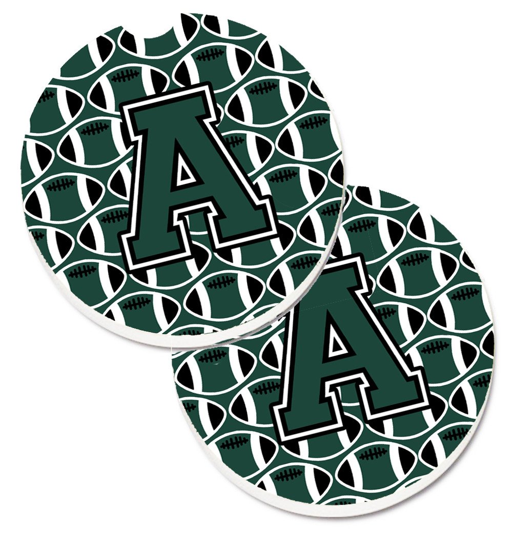 Letter A Football Green and White Set of 2 Cup Holder Car Coasters CJ1071-ACARC by Caroline&#39;s Treasures