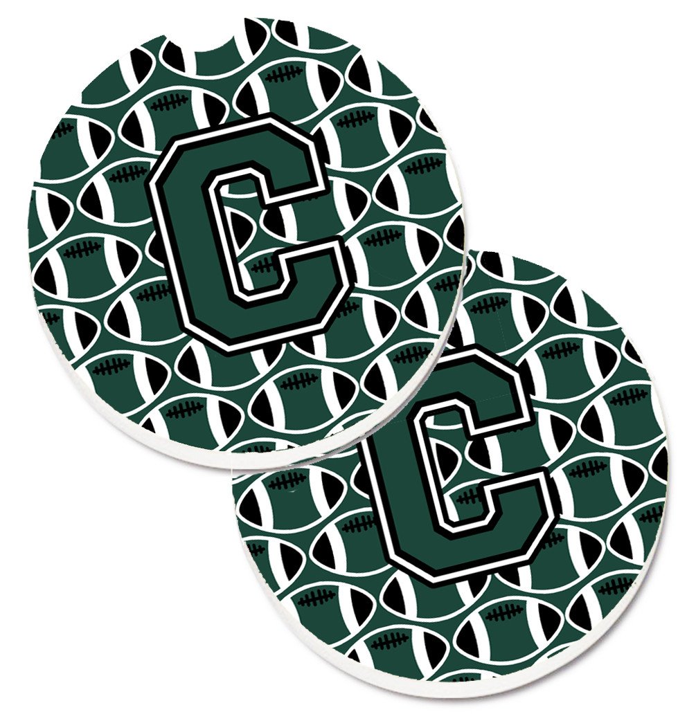 Letter C Football Green and White Set of 2 Cup Holder Car Coasters CJ1071-CCARC by Caroline&#39;s Treasures