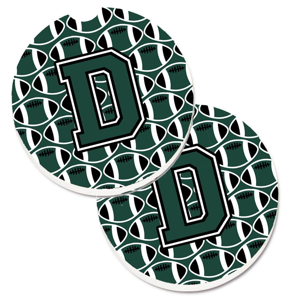 Letter D Football Green and White Set of 2 Cup Holder Car Coasters CJ1071-DCARC by Caroline&#39;s Treasures