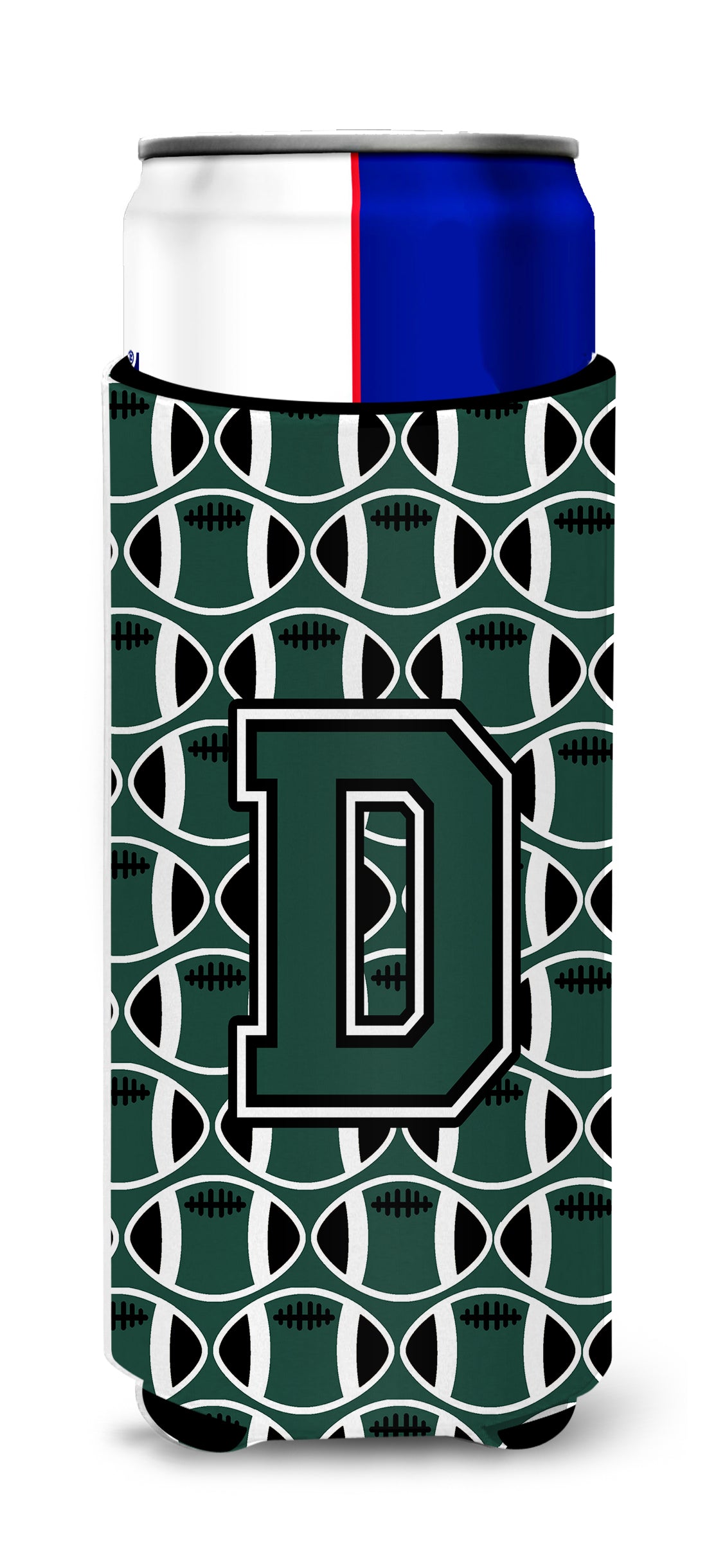 Letter D Football Green and White Ultra Beverage Insulators for slim cans CJ1071-DMUK.