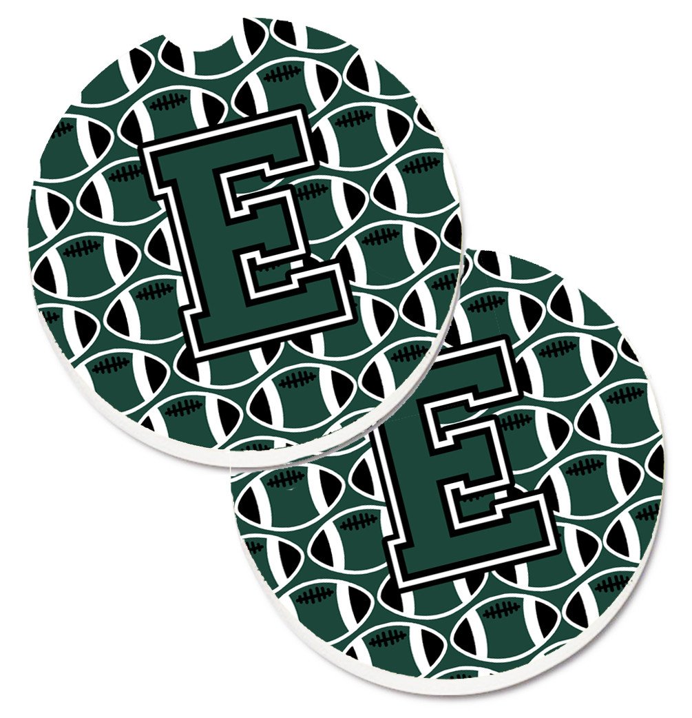 Letter E Football Green and White Set of 2 Cup Holder Car Coasters CJ1071-ECARC by Caroline&#39;s Treasures