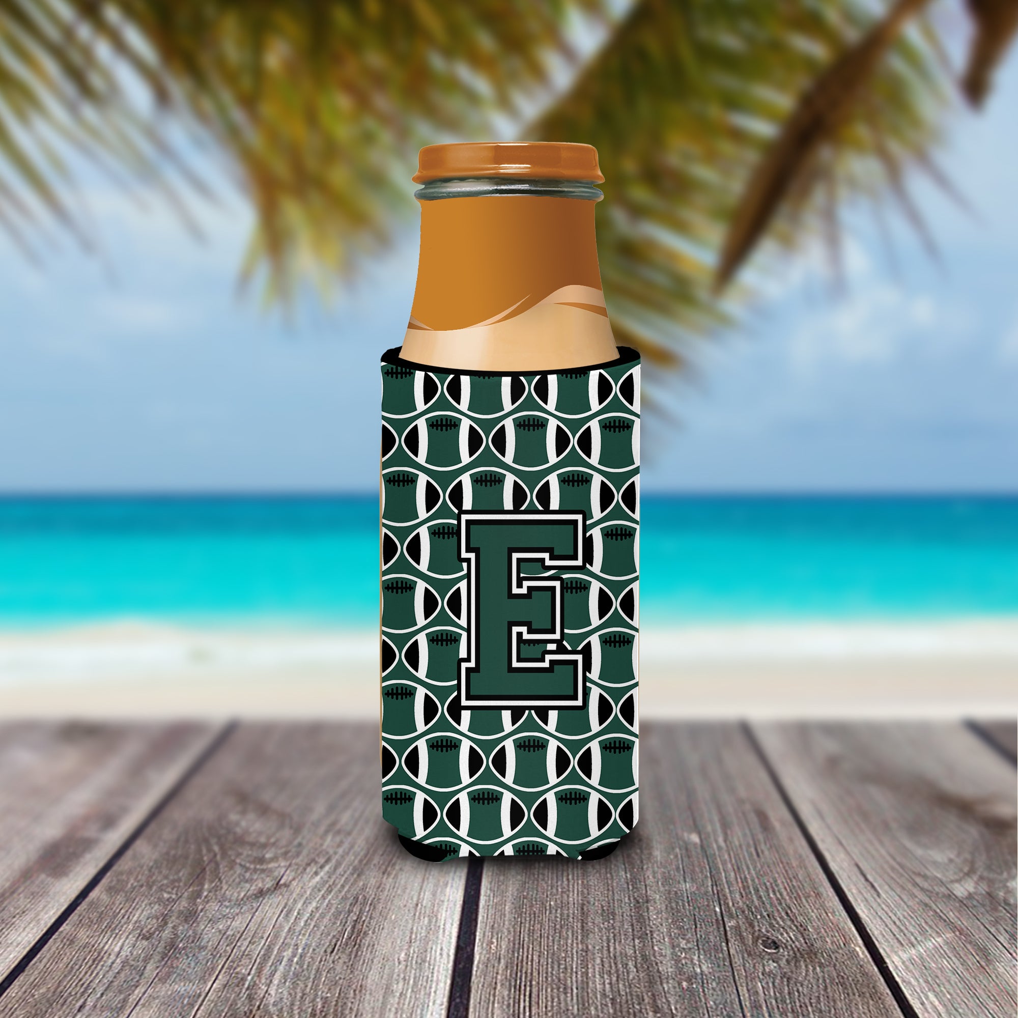 Letter E Football Green and White Ultra Beverage Insulators for slim cans CJ1071-EMUK.