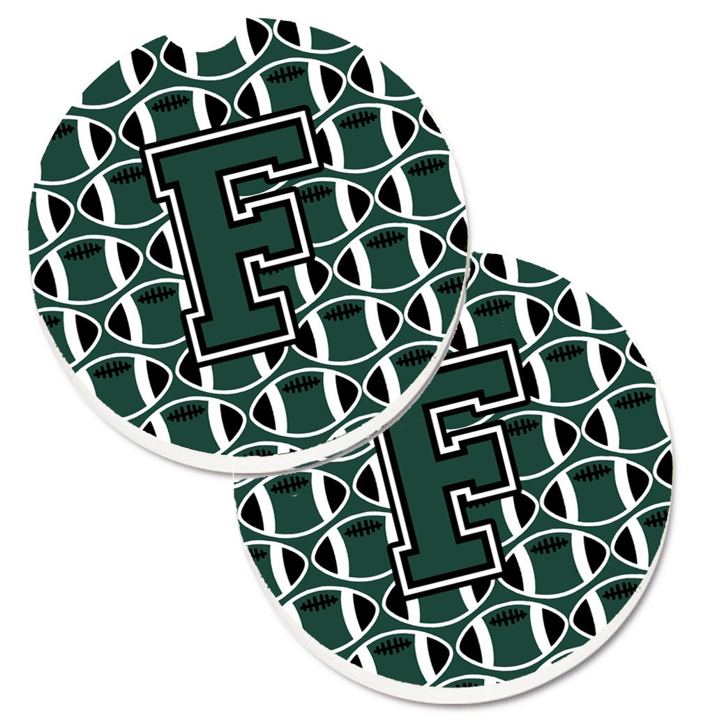 Letter F Football Green and White Set of 2 Cup Holder Car Coasters CJ1071-FCARC by Caroline&#39;s Treasures