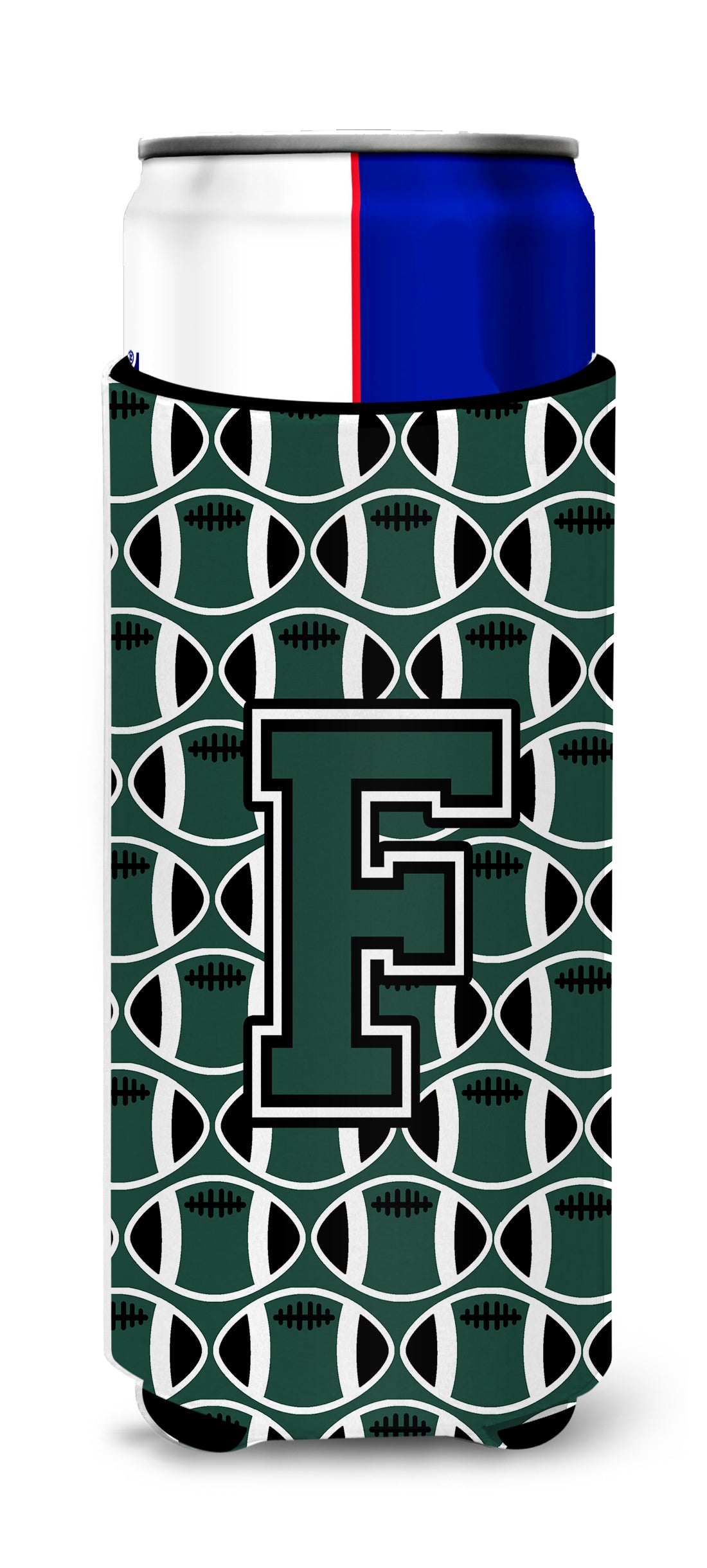 Letter F Football Green and White Ultra Beverage Insulators for slim cans CJ1071-FMUK.