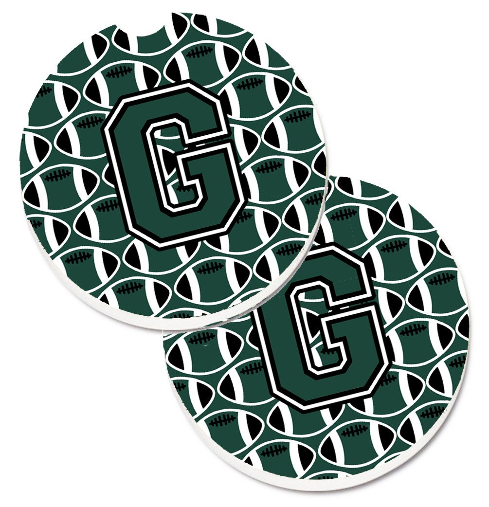Letter G Football Green and White Set of 2 Cup Holder Car Coasters CJ1071-GCARC by Caroline&#39;s Treasures