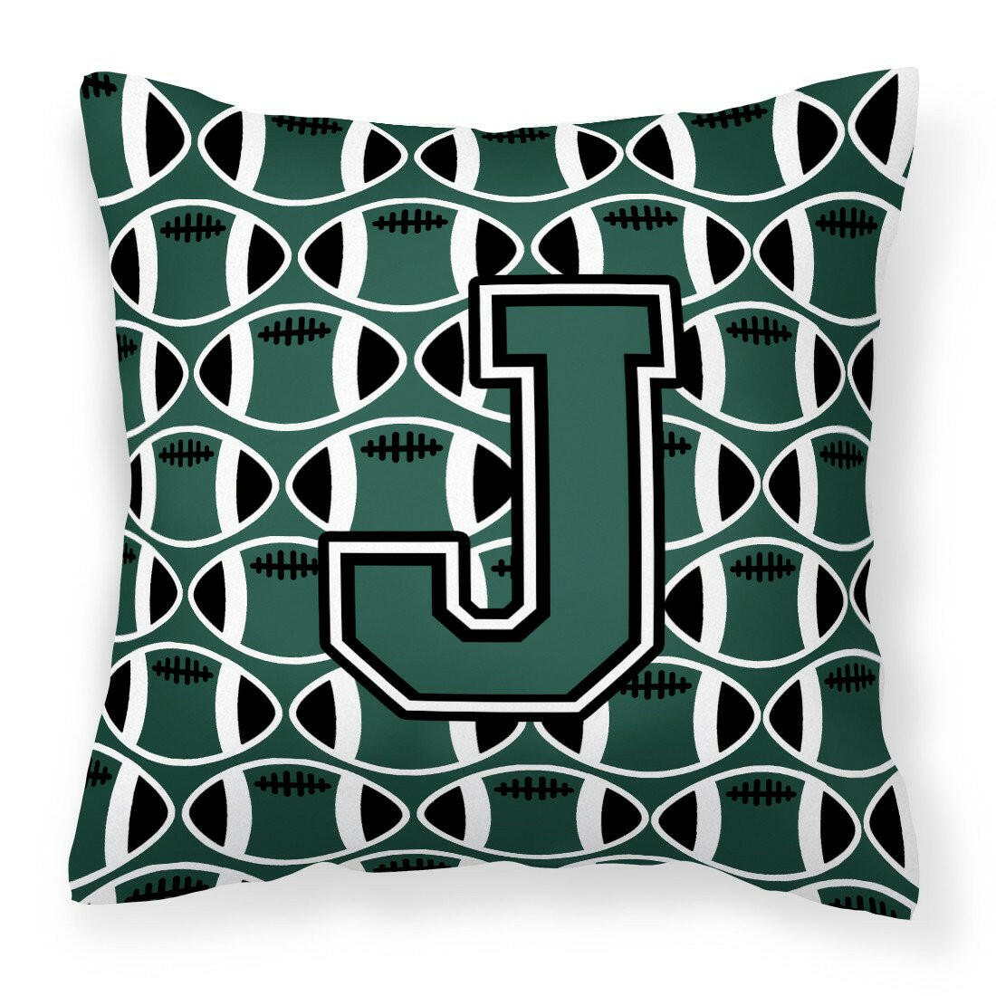Letter J Football Green and White Fabric Decorative Pillow CJ1071-JPW1414 by Caroline&#39;s Treasures