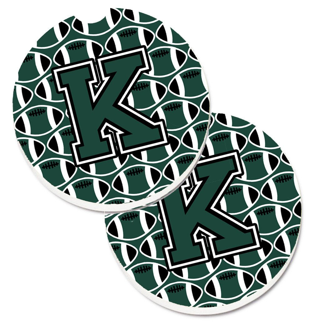 Letter K Football Green and White Set of 2 Cup Holder Car Coasters CJ1071-KCARC by Caroline&#39;s Treasures