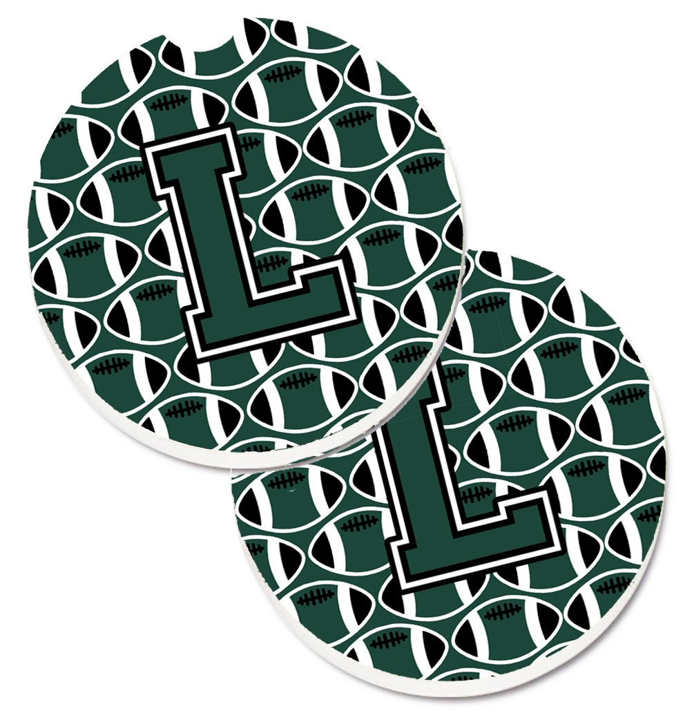 Letter L Football Green and White Set of 2 Cup Holder Car Coasters CJ1071-LCARC by Caroline&#39;s Treasures