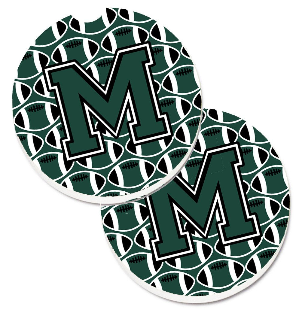 Letter M Football Green and White Set of 2 Cup Holder Car Coasters CJ1071-MCARC by Caroline&#39;s Treasures