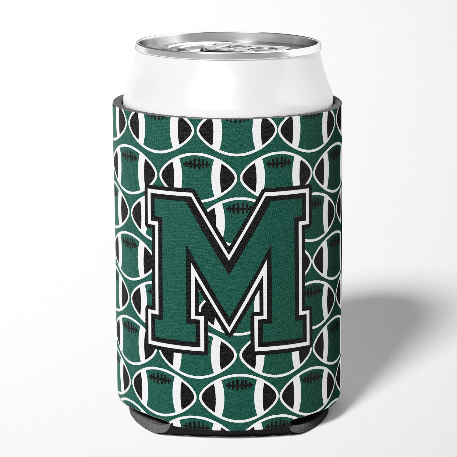 Letter M Football Green and White Can or Bottle Hugger CJ1071-MCC