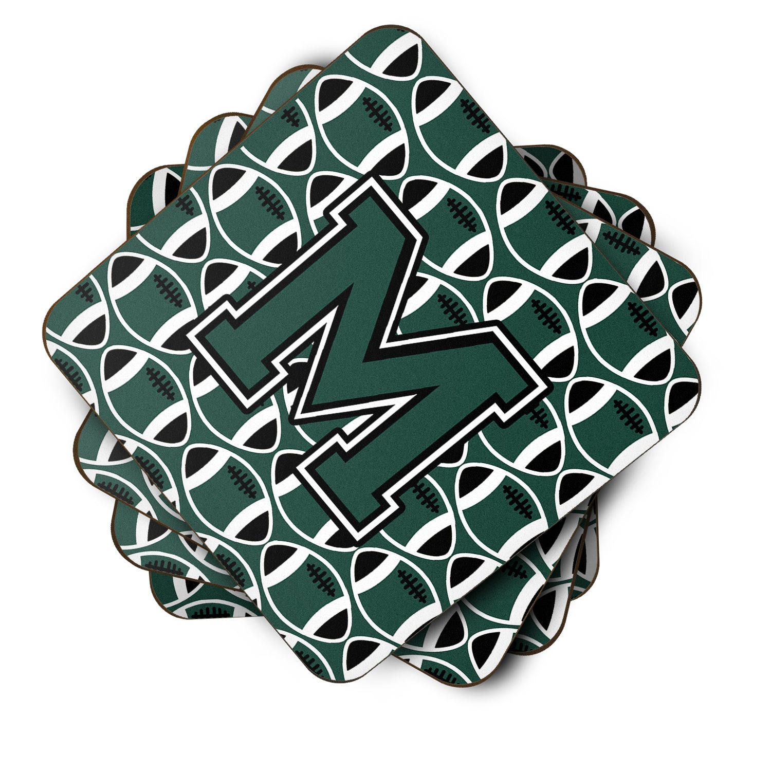Letter M Football Green and White Foam Coaster Set of 4 CJ1071-MFC - the-store.com