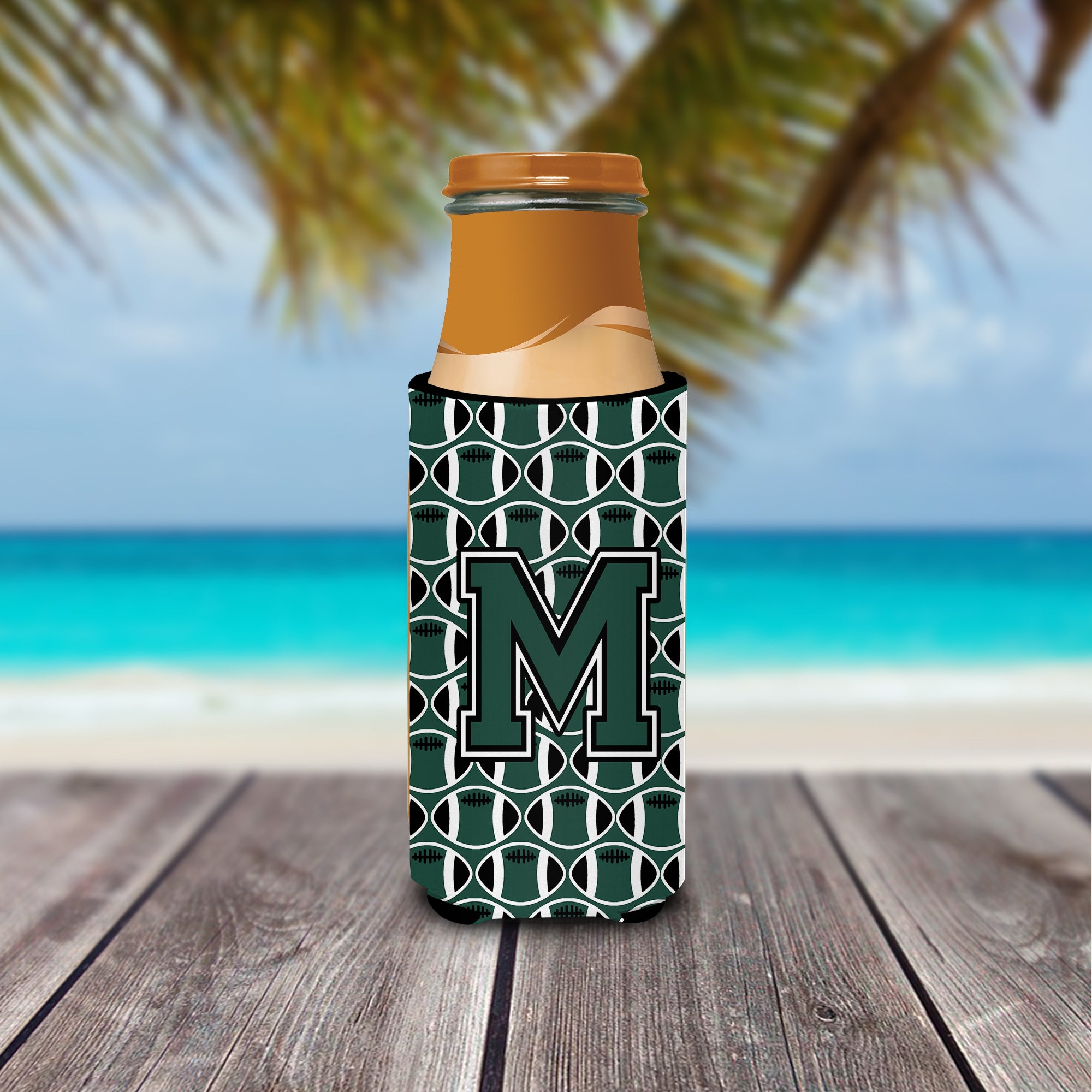 Letter M Football Green and White Ultra Beverage Insulators for slim cans CJ1071-MMUK.