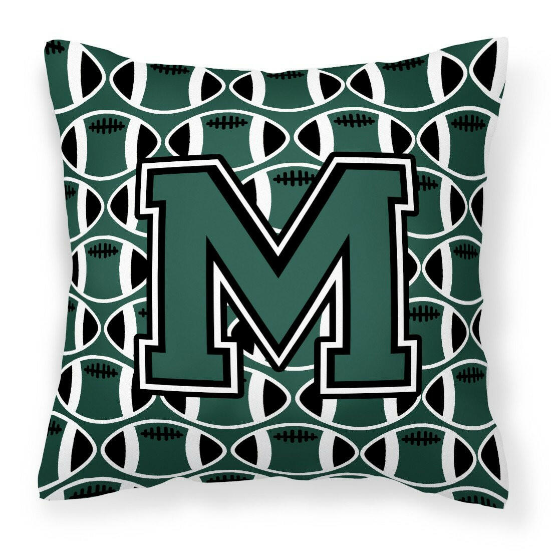 Letter M Football Green and White Fabric Decorative Pillow CJ1071-MPW1414 by Caroline&#39;s Treasures