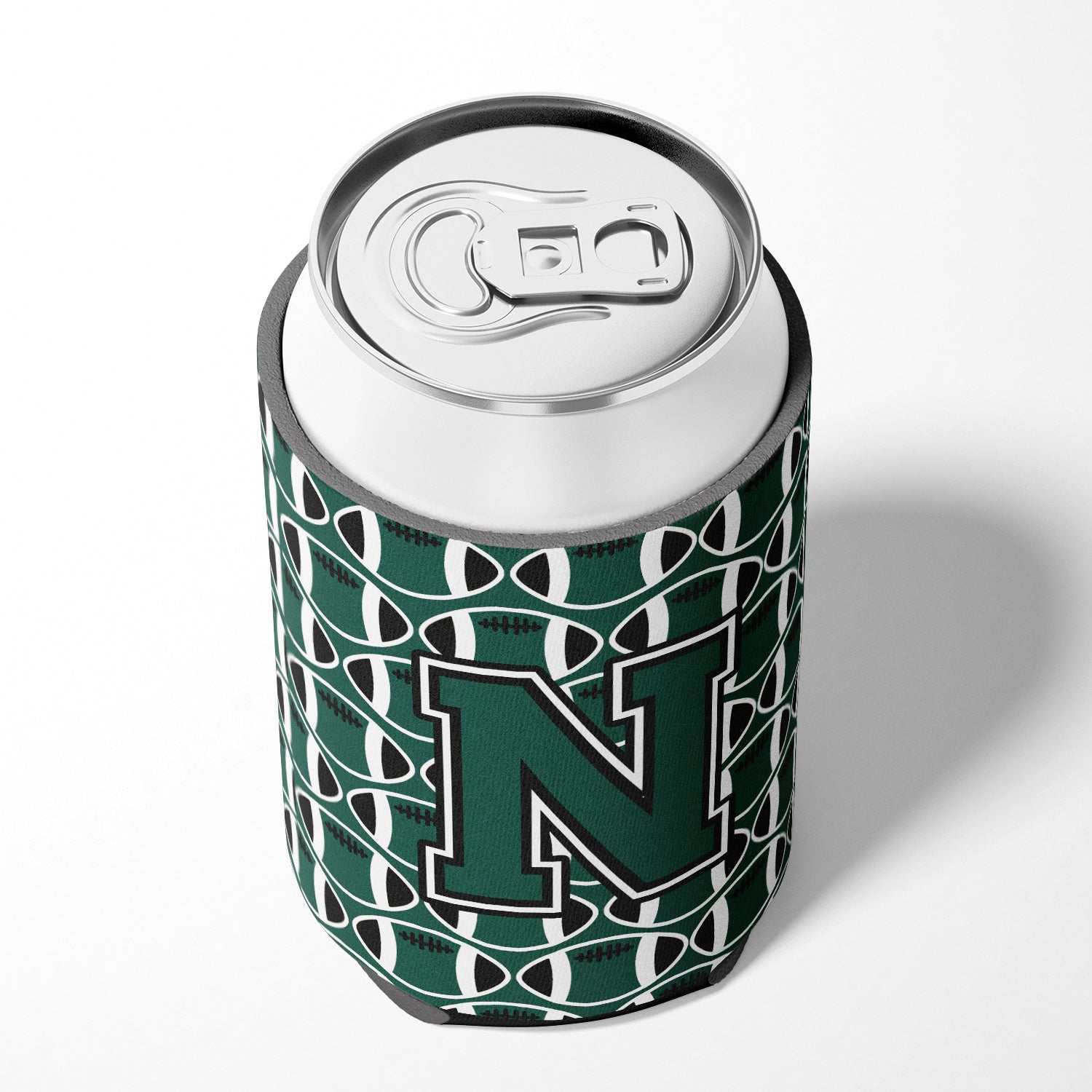 Letter N Football Green and White Can or Bottle Hugger CJ1071-NCC.