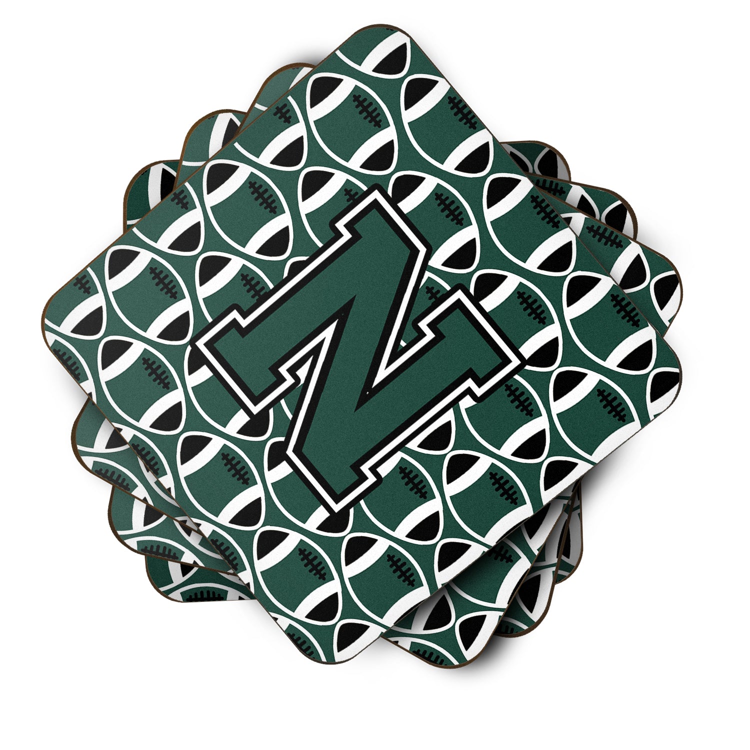 Letter N Football Green and White Foam Coaster Set of 4 CJ1071-NFC - the-store.com