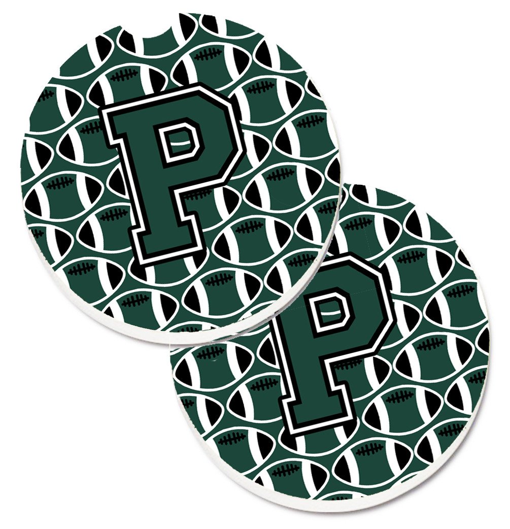 Letter P Football Green and White Set of 2 Cup Holder Car Coasters CJ1071-PCARC by Caroline&#39;s Treasures