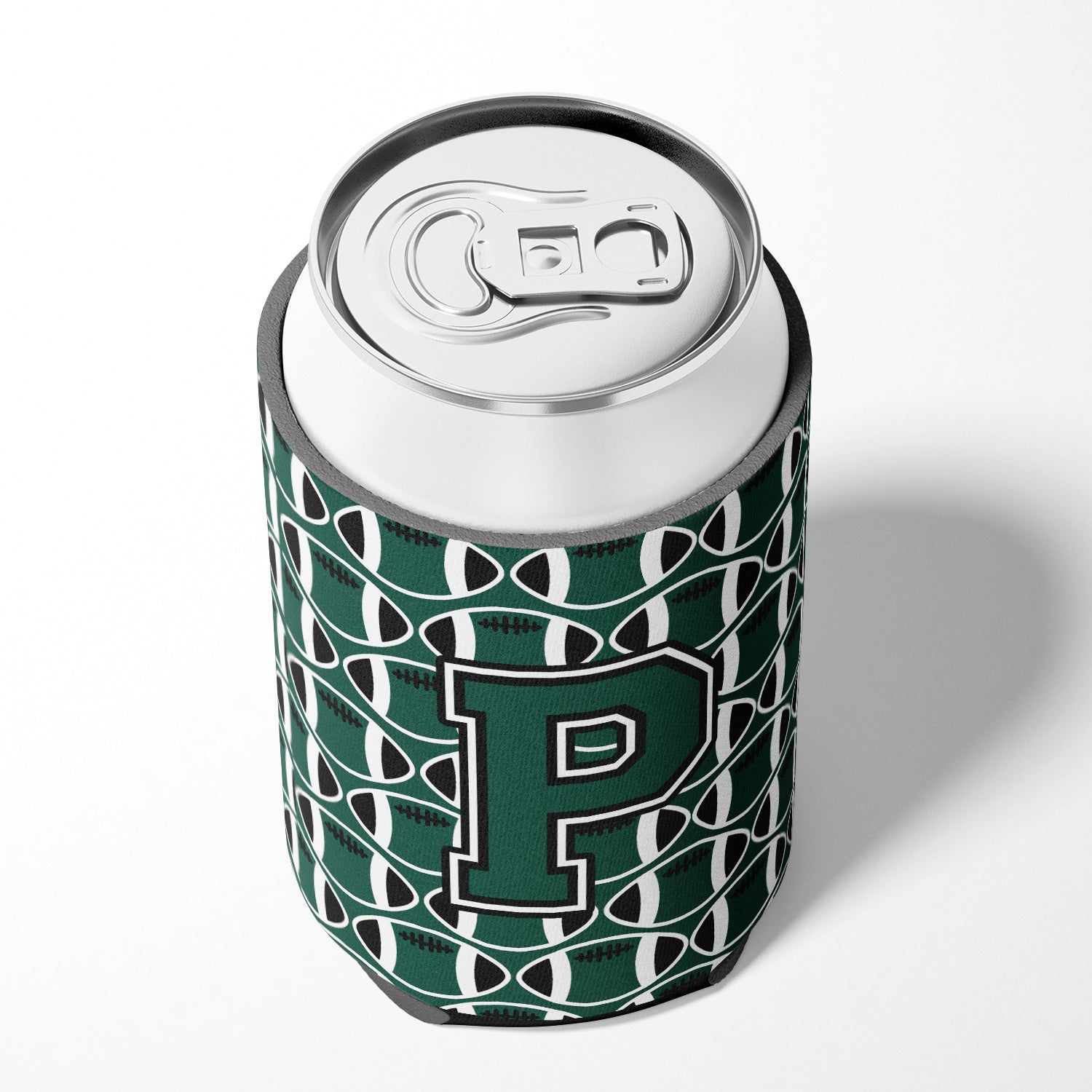 Letter P Football Green and White Can or Bottle Hugger CJ1071-PCC.