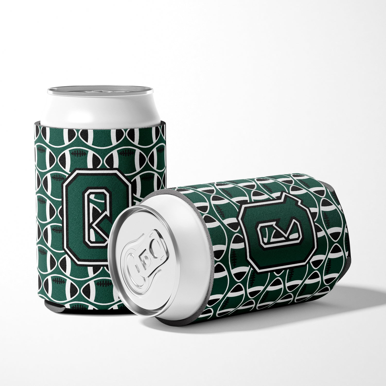 Letter Q Football Green and White Can or Bottle Hugger CJ1071-QCC.