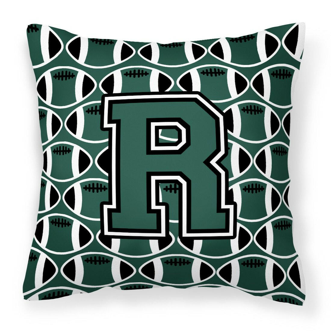 Letter R Football Green and White Fabric Decorative Pillow CJ1071-RPW1414 by Caroline&#39;s Treasures