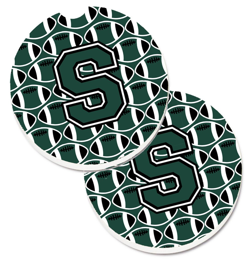 Letter S Football Green and White Set of 2 Cup Holder Car Coasters CJ1071-SCARC by Caroline's Treasures