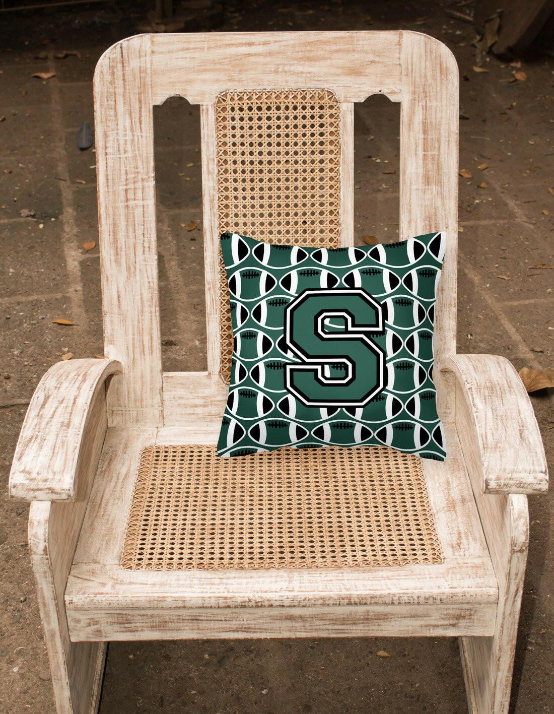 Letter S Football Green and White Fabric Decorative Pillow CJ1071-SPW1414 by Caroline's Treasures