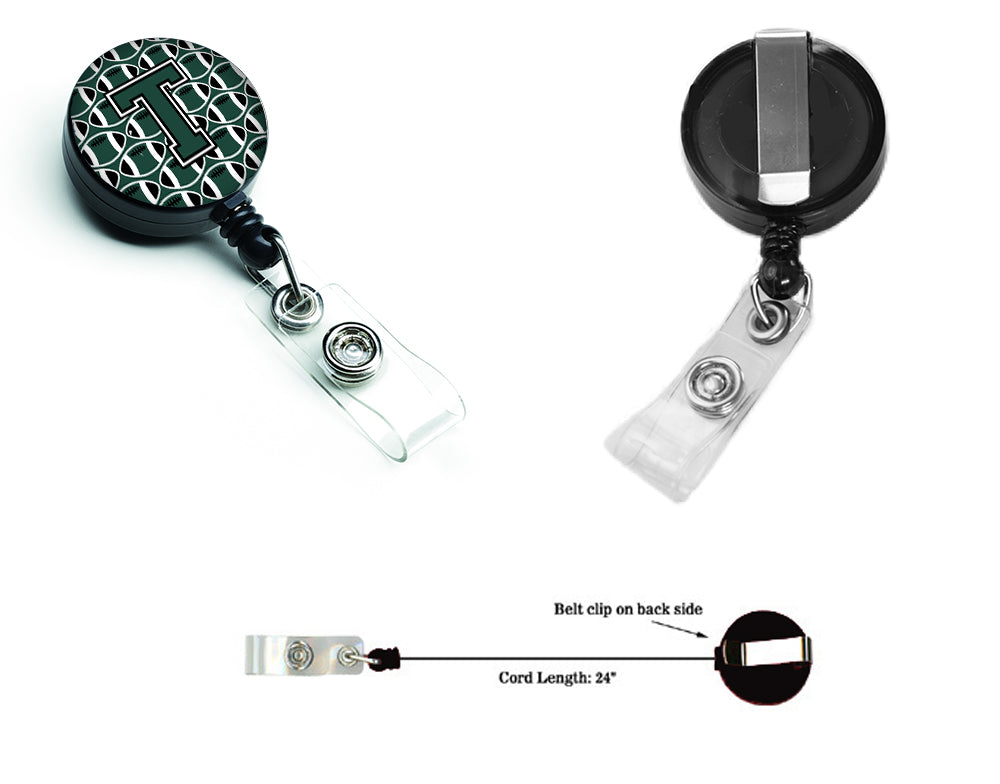 Letter T Football Green and White Retractable Badge Reel CJ1071-TBR.