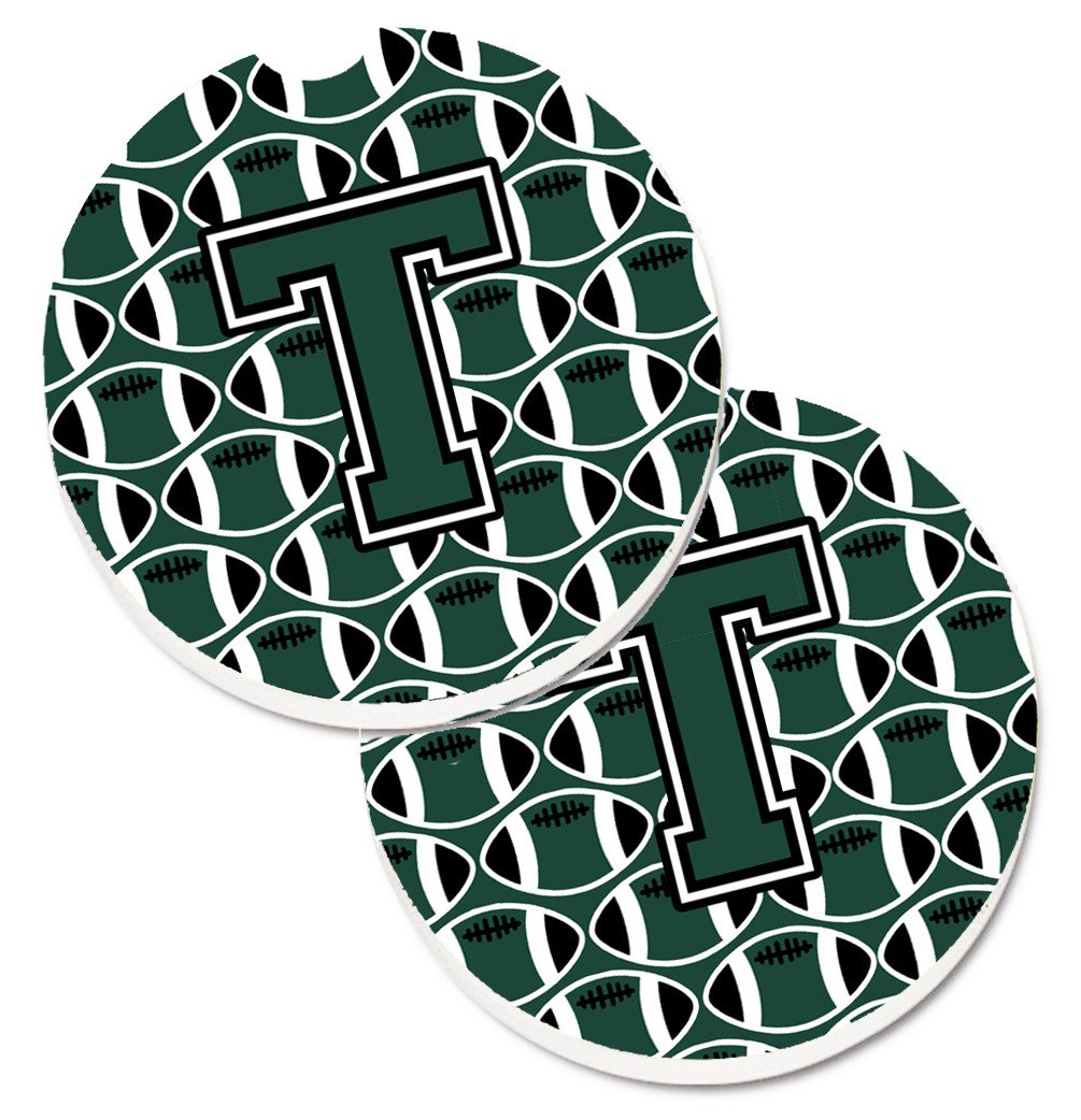 Letter T Football Green and White Set of 2 Cup Holder Car Coasters CJ1071-TCARC by Caroline&#39;s Treasures