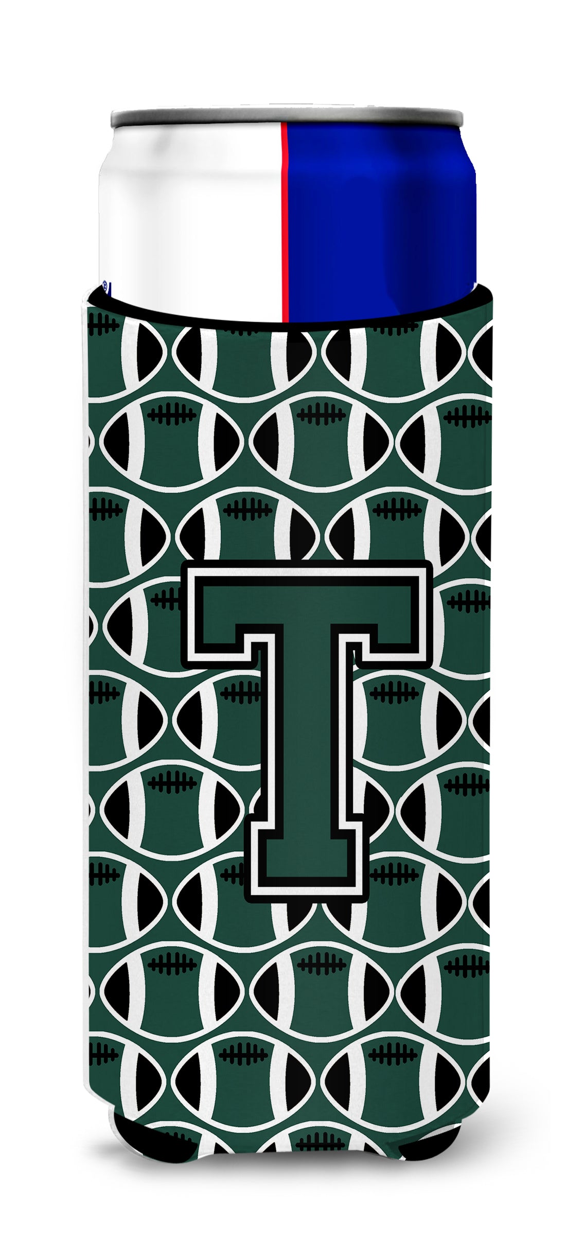 Letter T Football Green and White Ultra Beverage Insulators for slim cans CJ1071-TMUK.