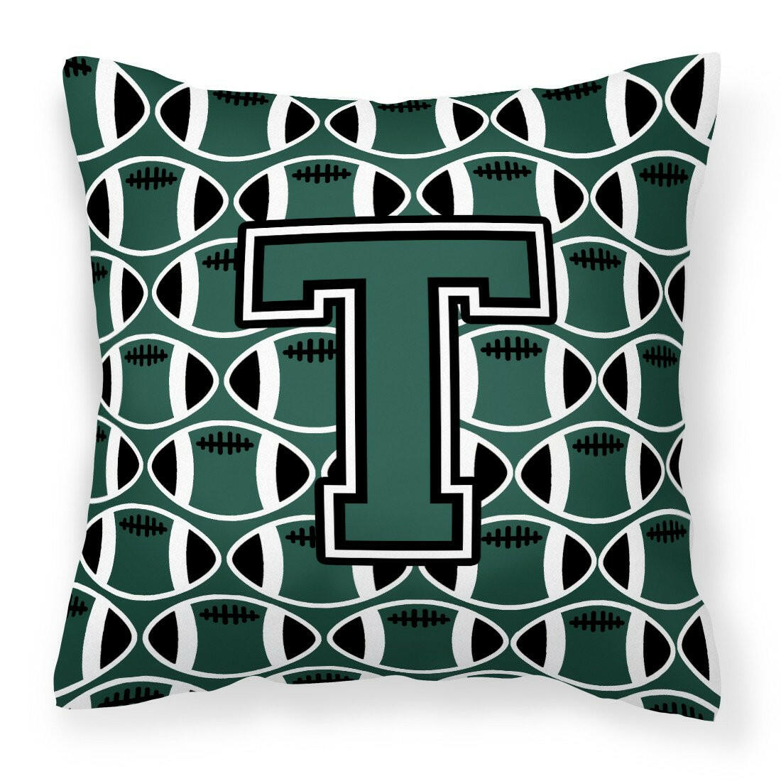 Letter T Football Green and White Fabric Decorative Pillow CJ1071-TPW1414 by Caroline&#39;s Treasures