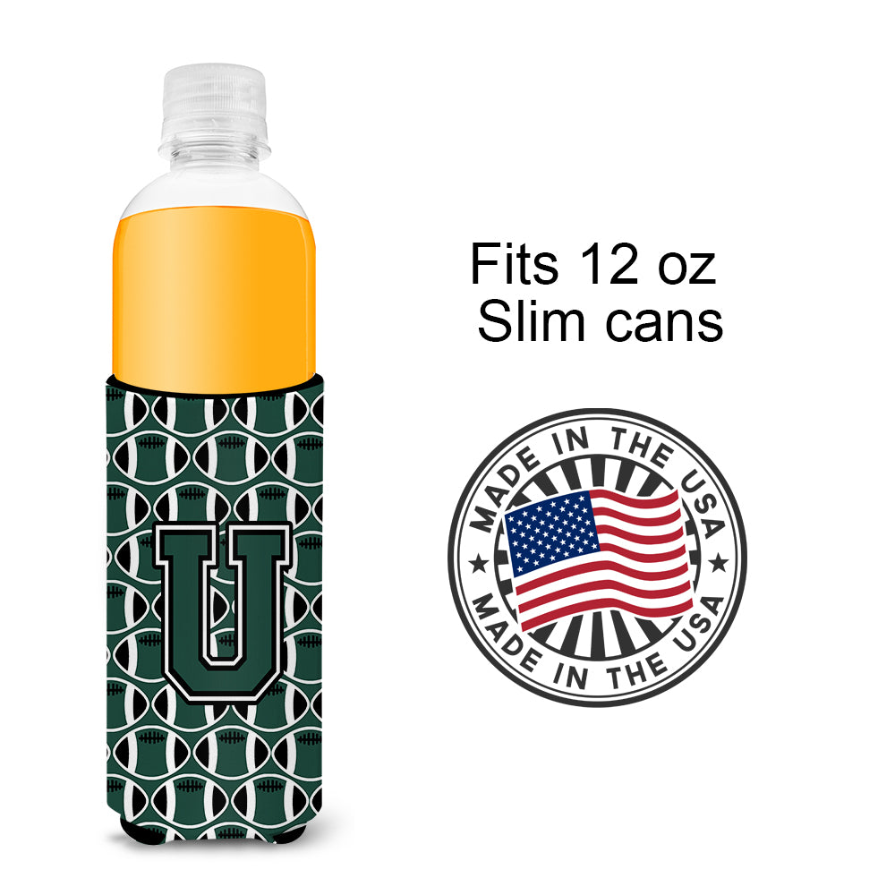 Letter U Football Green and White Ultra Beverage Insulators for slim cans CJ1071-UMUK.