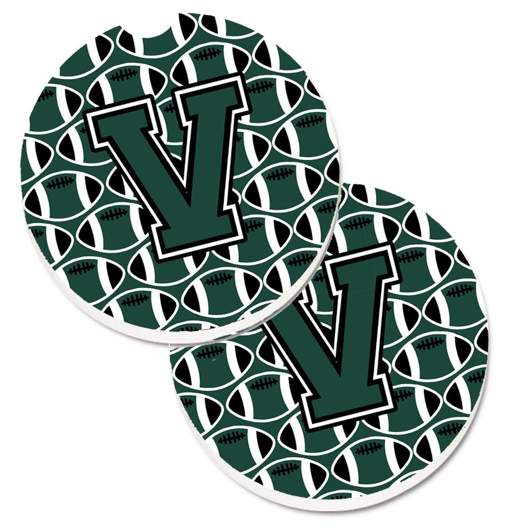Letter V Football Green and White Set of 2 Cup Holder Car Coasters CJ1071-VCARC by Caroline&#39;s Treasures