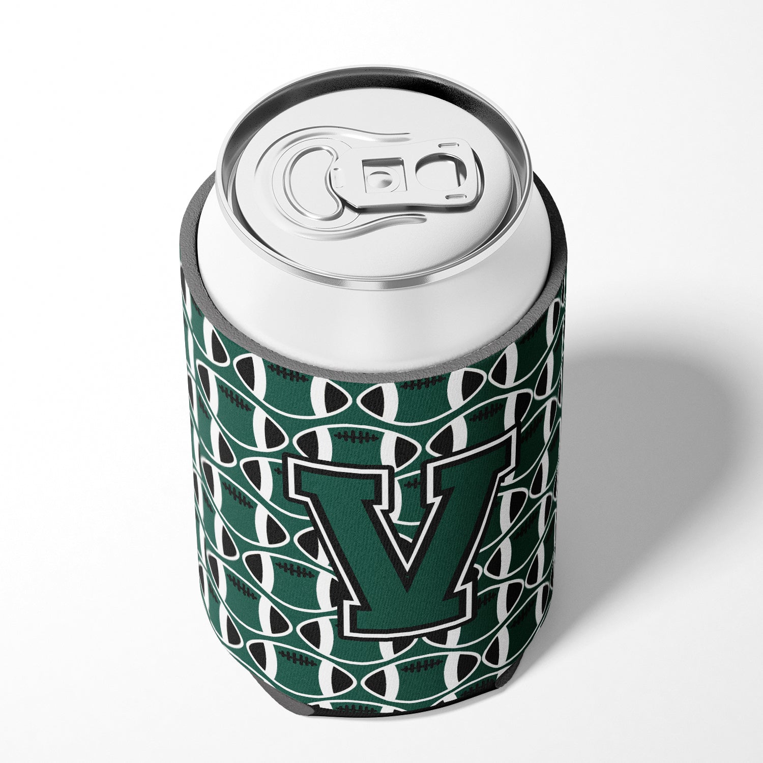 Letter V Football Green and White Can or Bottle Hugger CJ1071-VCC.
