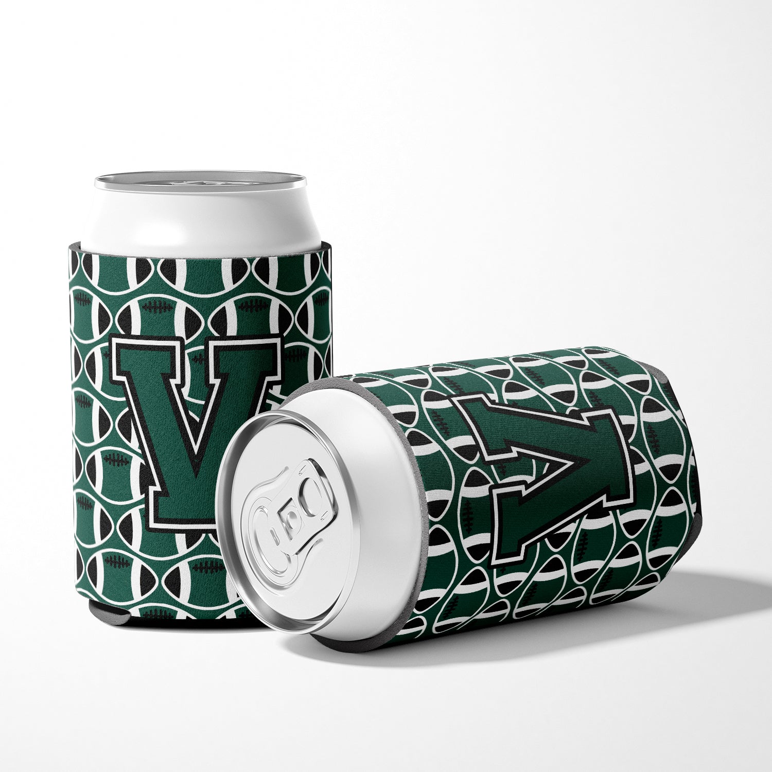 Letter V Football Green and White Can or Bottle Hugger CJ1071-VCC.