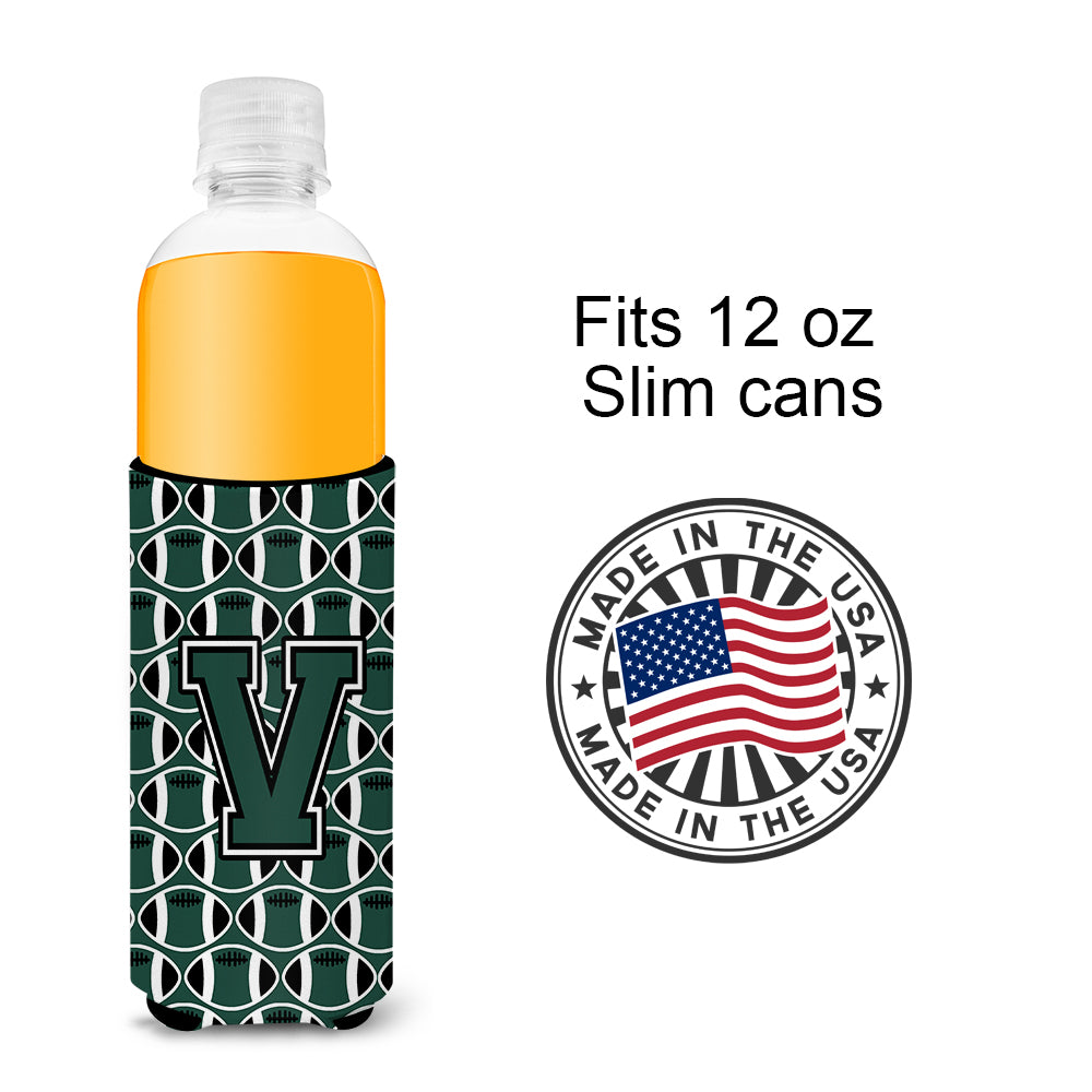 Letter V Football Green and White Ultra Beverage Insulators for slim cans CJ1071-VMUK.