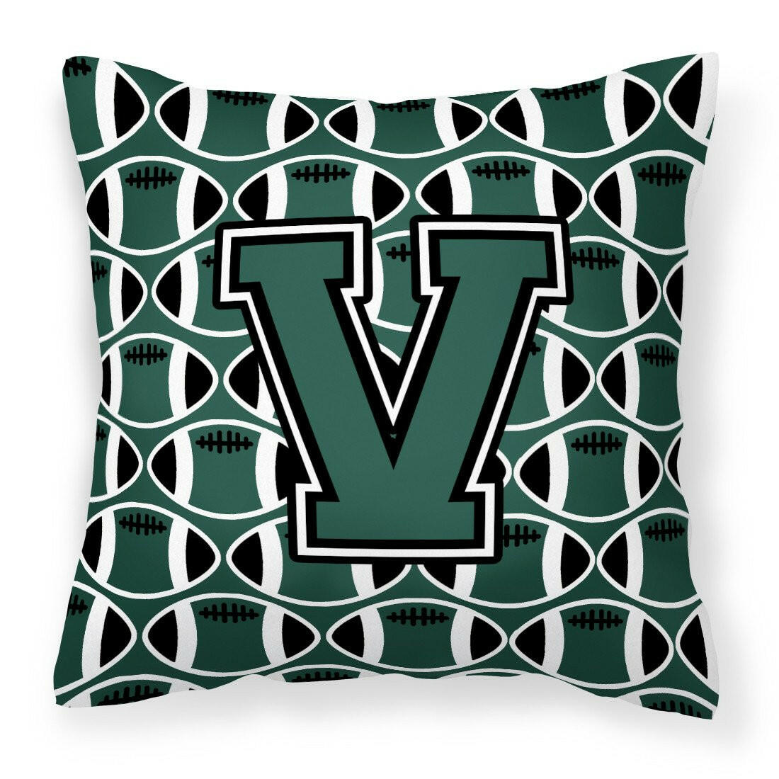 Letter V Football Green and White Fabric Decorative Pillow CJ1071-VPW1414 by Caroline&#39;s Treasures